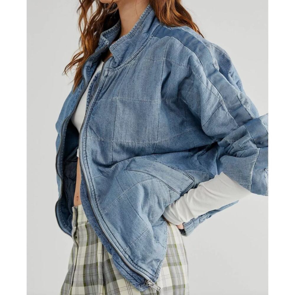 Free People Dolman Quilted Knit Jacket Oversized Coat sz S Denim Chambray Cotton - Picture 16 of 16